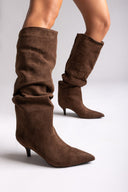 Suede Pointed Boots with Kitten Heel - Camel Suede - thefashionproject.gr - MARQUIIZ