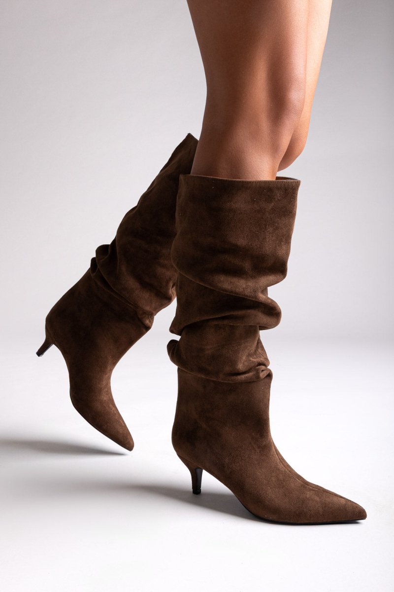 Suede Pointed Boots with Kitten Heel - Camel Suede - thefashionproject.gr - MARQUIIZ