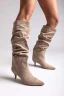 Suede Pointed Boots with Kitten Heel - Taupe Suede - thefashionproject.gr - MARQUIIZ