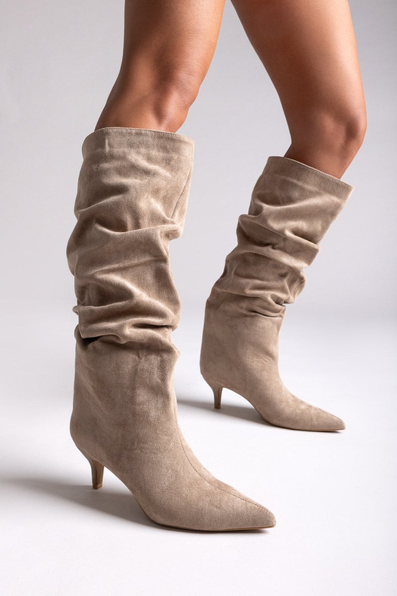 Suede Pointed Boots with Kitten Heel - Taupe Suede - thefashionproject.gr - MARQUIIZ