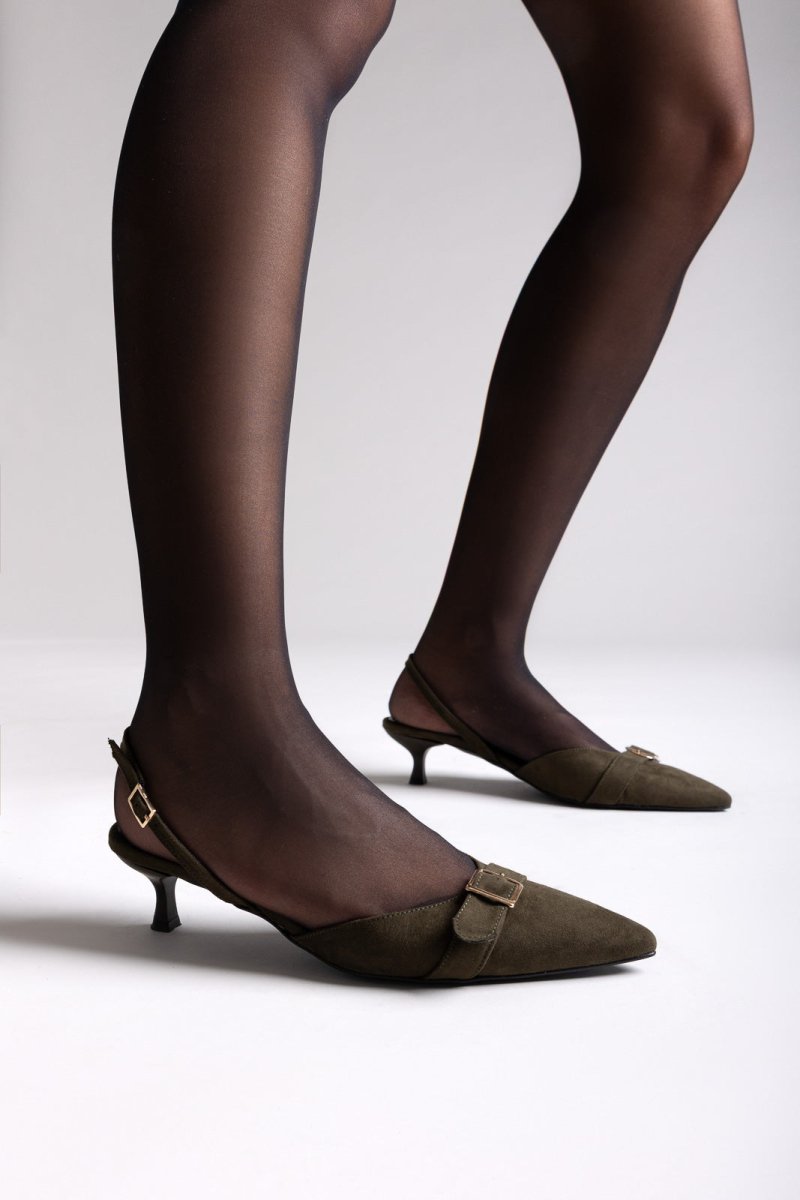 TFP Pointed Slingback Pumps with Kitten Heel - Olive Suede - thefashionproject.gr - TFP
