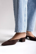 TFP Pointed Suede Mules with Block Heel - Brown Suede - thefashionproject.gr - TFP
