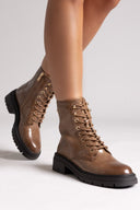 Xti 144296 Patent Lace - Up Combat Boots - Light Brown Patent - thefashionproject.gr - Xti Footwear
